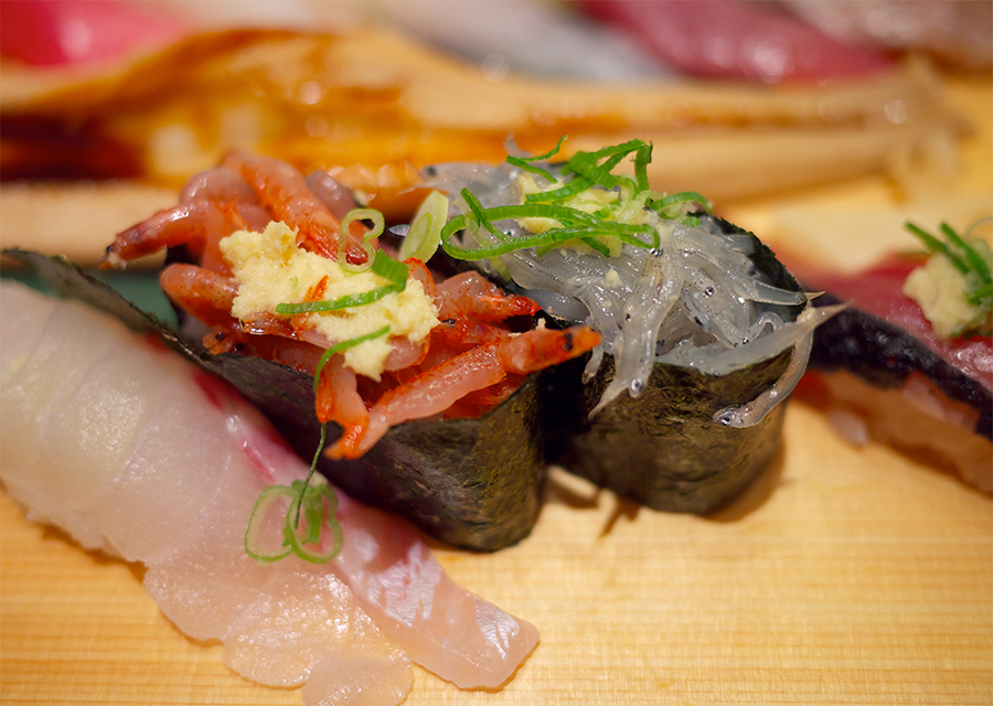 A plate of sushi with fresh shirasu